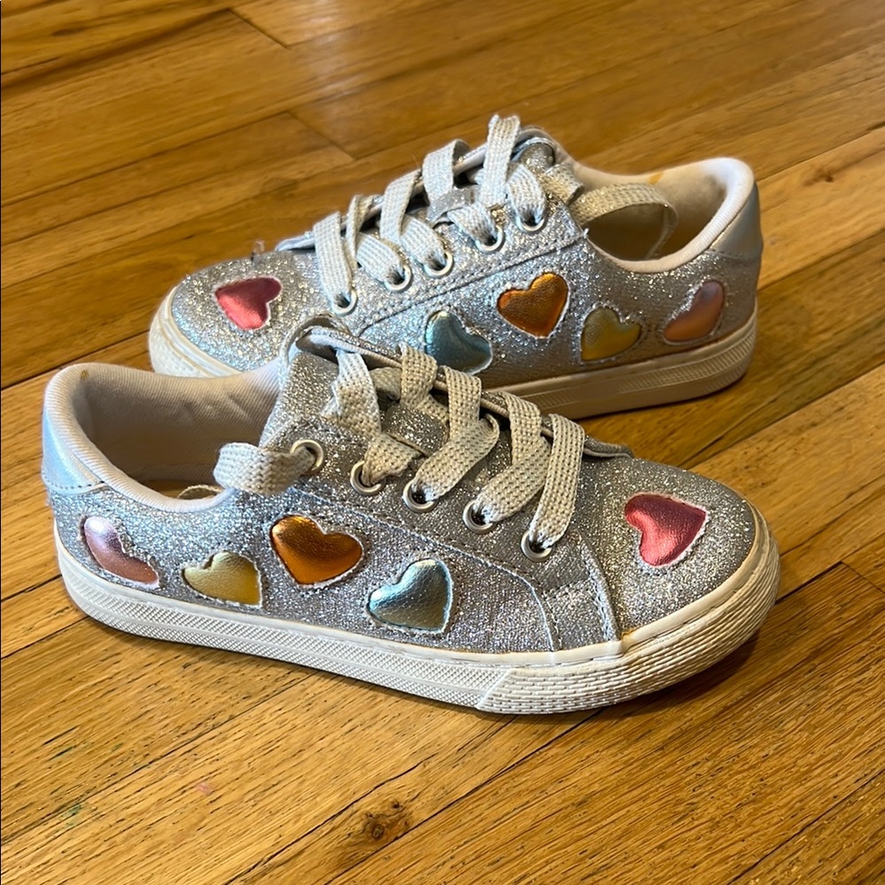 Kids Silver Sneakers with Colorful Hearts